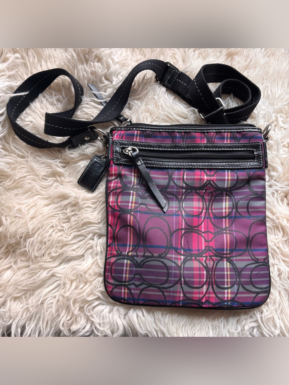 Coach Poppy Tartan Plaid Signature Crossbody Bag Purse Blue Purple Pink